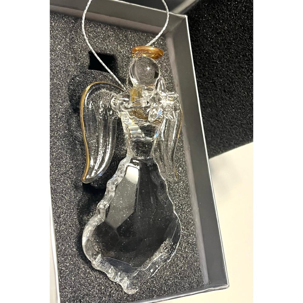 Crystal Angel Ornament Holiday Chandelier Clear Prism Star Gold Halo Figure Box